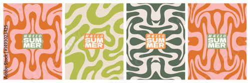 Happy holiday summer greeting card set plants shape. Abstract decoraton style template, poster, banner, covers, ads, branding, wall decor element