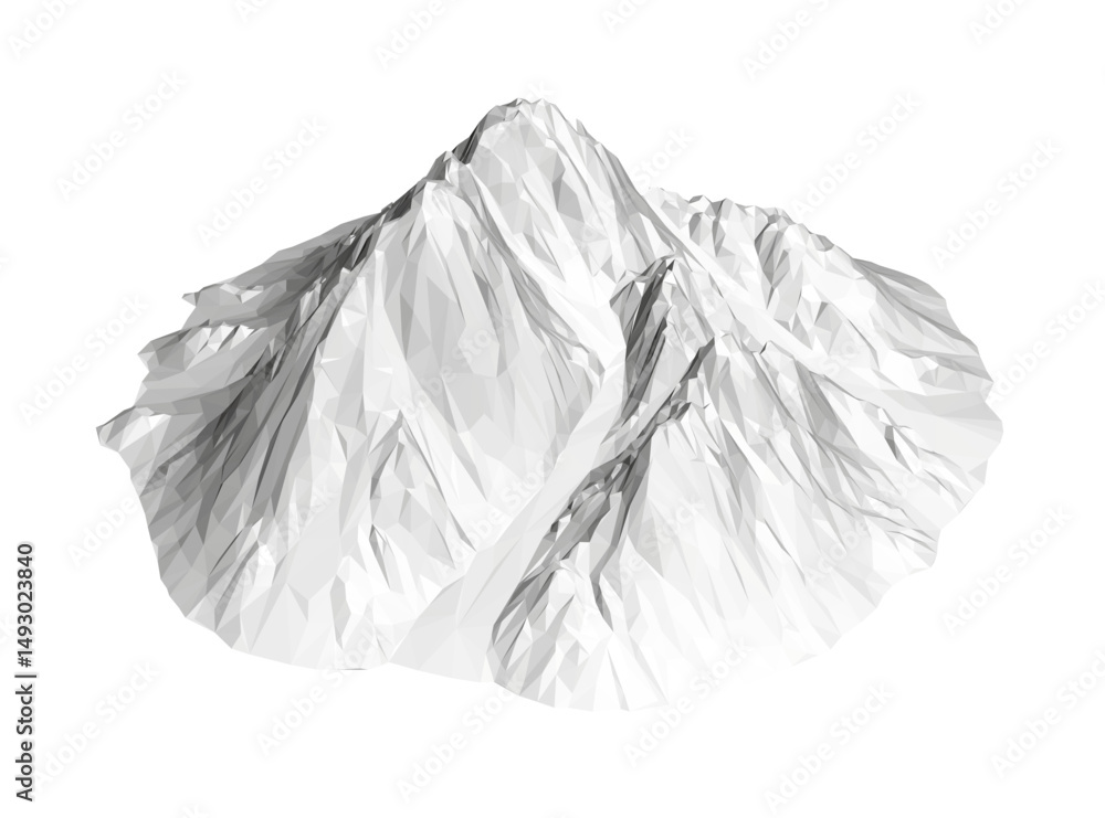 Obraz premium A mountain is shown in a white background. The mountain is very tall and has a very steep slope. The mountain is covered in snow and ice, giving it a very cold and harsh appearance