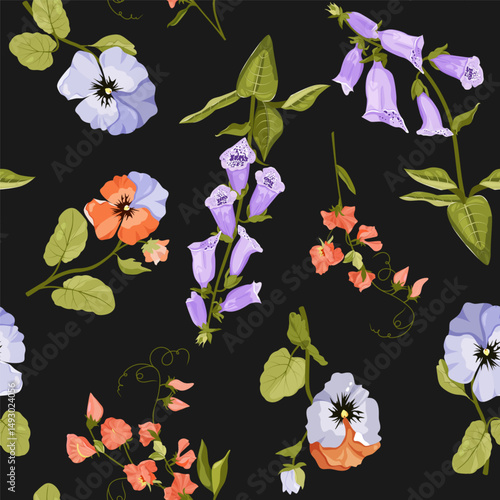 Excellent seamless pattern with wild flowers on a black background. For decorating textiles, packaging.