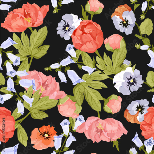 Bright peonies, pansies and bells on a black background. For decorating textiles, packaging.