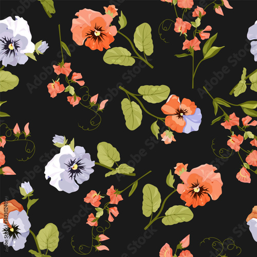 Pansies and sweet pea on a black background. Seamless vector illustration with delicate flowers. For decorating textiles, packaging.