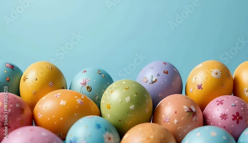 vibrant Easter eggs arranged on a soft pastel blue background
