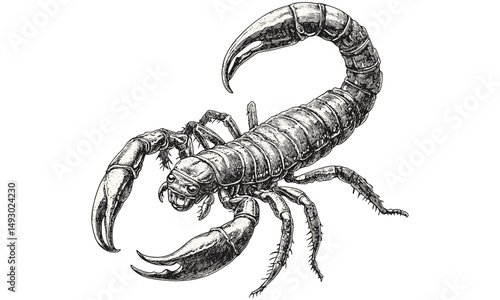 Vintage hand-drawn scorpion engraving with curved tail, monochrome arachnid illustration, retro desert wildlife sketch, antique insect etching, old engraving style, trendy nature art