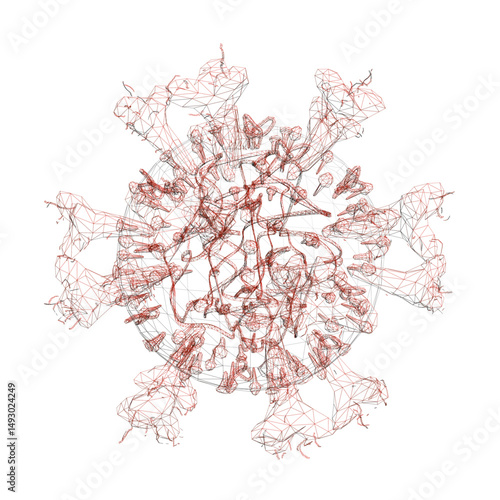 A red and white drawing of a virus. The drawing is very detailed and has a lot of lines. The virus is shown in a very abstract way, with no clear shape or form