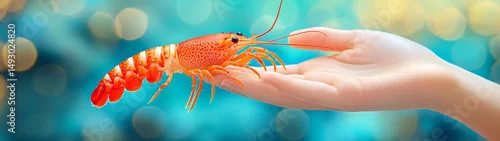 Obraz  z motywem Hand holding a colorful shrimp
