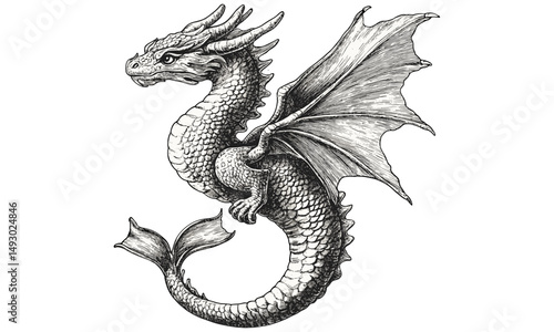 Monochrome sea dragon engraving, vintage ocean creature illustration, hand-drawn marine life sketch, trendy fantasy nautical decor, old engraving style, mythical underwater animal