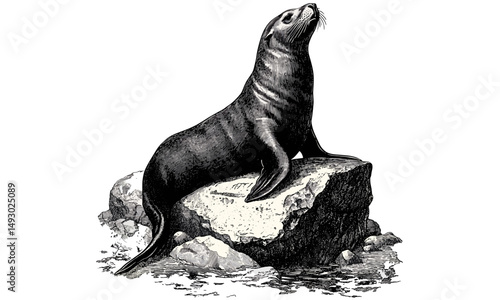 Hand-drawn engraving of sea lion on rocks, monochrome marine mammal illustration, vintage ocean life etching, rustic wildlife print, nautical fauna sketch, old engraving style