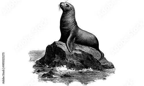 Hand-drawn Sea Lion Engraving on Rocks, Vintage Monochrome Marine Mammal Etching, Nautical Wildlife Illustration, Black Sketch, Old Engraving Style, Ocean Animal Decor