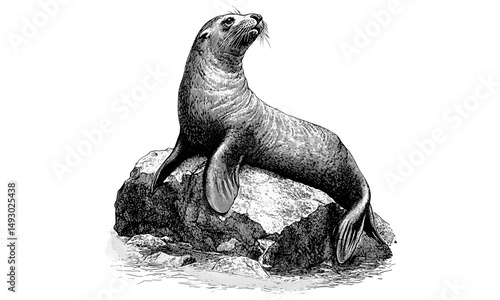 Sea Lion Hand-drawn Engraving on Rocky Shore, Vintage Monochrome Etching, Nautical Wildlife Illustration, Old Style Sketch, Marine Mammal Artwork, Coastal Nature Decor