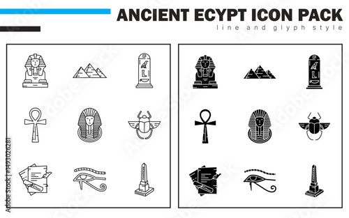 This Ancient Egypt icon set includes the iconic Sphinx, Pyramids, Hieroglyphics, Ankh, Pharaoh’s Mask, Scarab Beetle, Papyrus scrolls, Eye of Horus, and towering Obelisks.