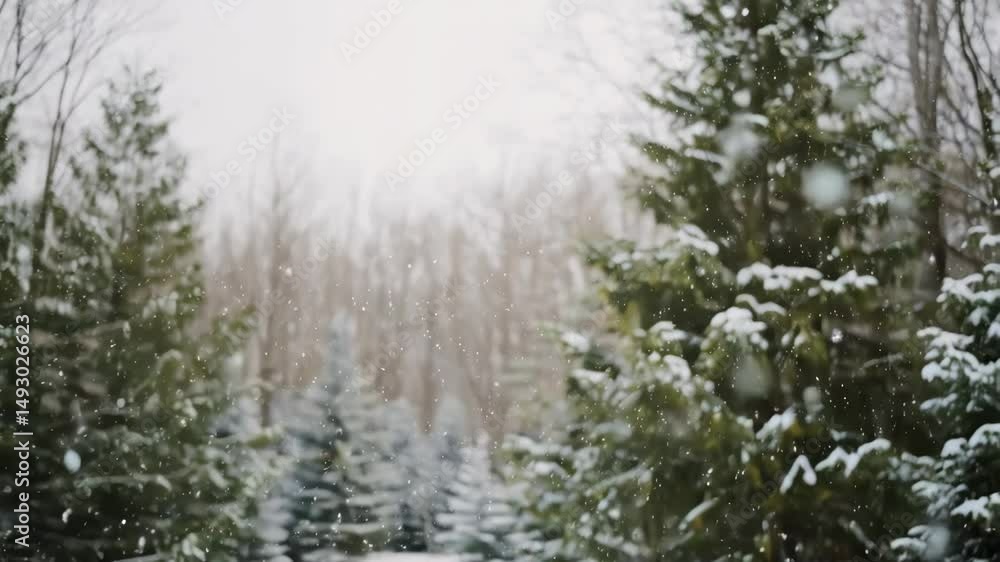 Snow falls gently in a winter forest of evergreen pine trees with snow covered branches and leafless deciduous trees creating a peaceful scene Snow falls gently in a winter forest of evergreen pine trees with snow covered branches and leafless deciduous trees creating a peaceful scene