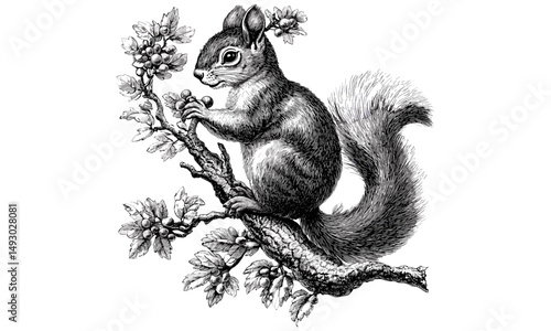 Vintage hand-drawn engraving of squirrel in tree, monochrome mammal etching, forest nature illustration, woodland decor, black sketch, old style art, trendy animal print