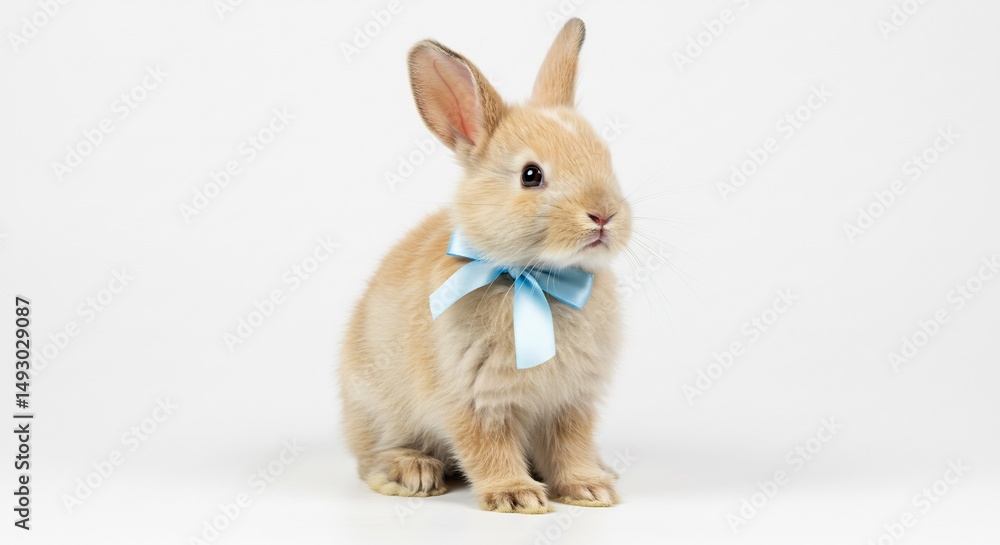 Fototapeta premium Adorable fluffy bunny sits serenely against bright white background wearing a light blue bow. AI Generated
