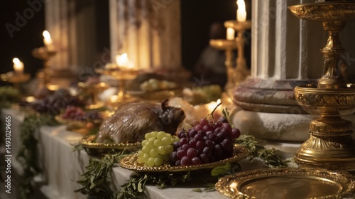 Ancient Feast: A Lavish Table Setting Under Candlelight