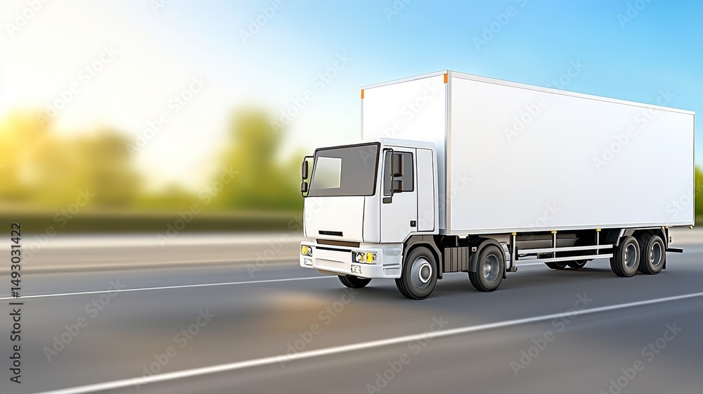 White semitruck journeys across an open highway under clear blue sky White semitruck journeys across an open highway under clear blue sky