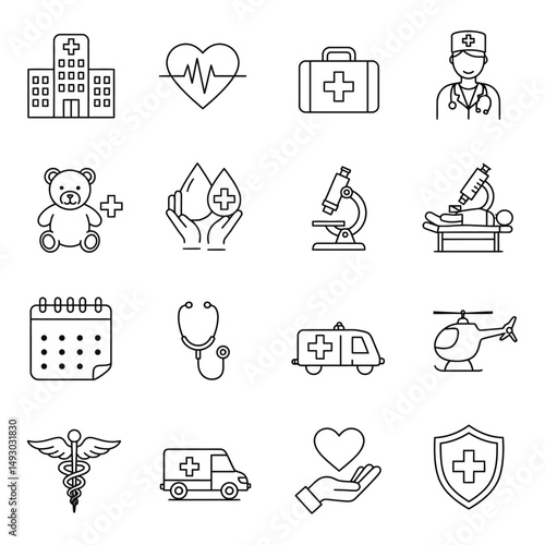Collection of medical icons representing healthcare hospital and emergency services in line art style