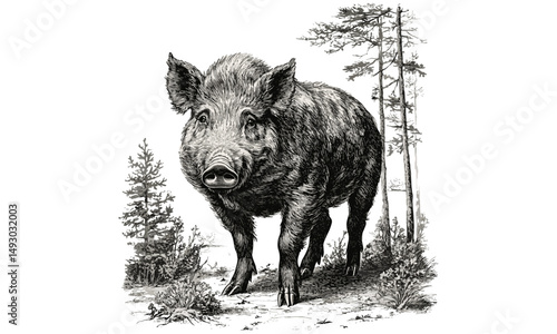 Vintage Wild Boar in Forest Engraving, Hand-drawn Rustic Animal Print, Retro Fauna Illustration, Monochrome Mammal Line Art, Old Etching Style, nature line art print,