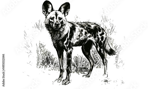 Vintage hand-drawn engraving of wild dog in savannah, monochrome etching style, black sketch, old engraving style, trendy African safari wildlife decor, mammal art print