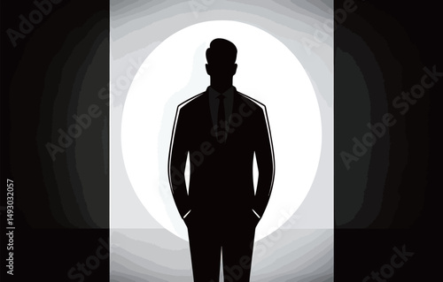 Silhouette of a man in a suit against a dramatic light backdrop.