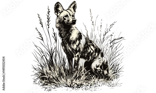 Wild dog vintage engraving in monochrome, hand-drawn savannah mammal, trendy black sketch art, old style etching, African safari wildlife illustration, nature decor, animal print for wall art
