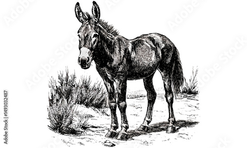 Vintage wild donkey engraving, hand-drawn monochrome sketch, desert mammal illustration, retro wildlife art, rustic decor print, old engraving style, classic animal drawing