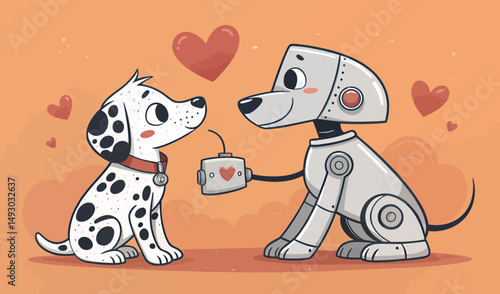 A playful dog and a friendly robot share a cup of love in a heart-filled scene.