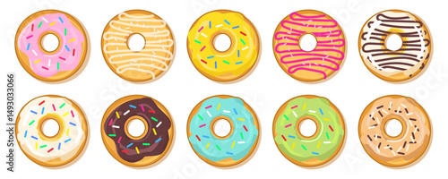Set of colorful donuts. Various types of donuts in glaze and chocolate, cafe design elements, menu, advertising banner. Vector flat cartoon illustration