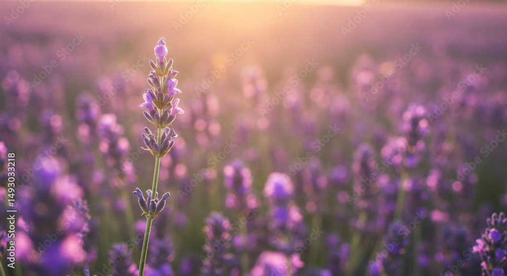 Naklejka premium A single lavender stalk stands tall, bathed in the warm glow of the setting sun amidst a sea of purple blossoms