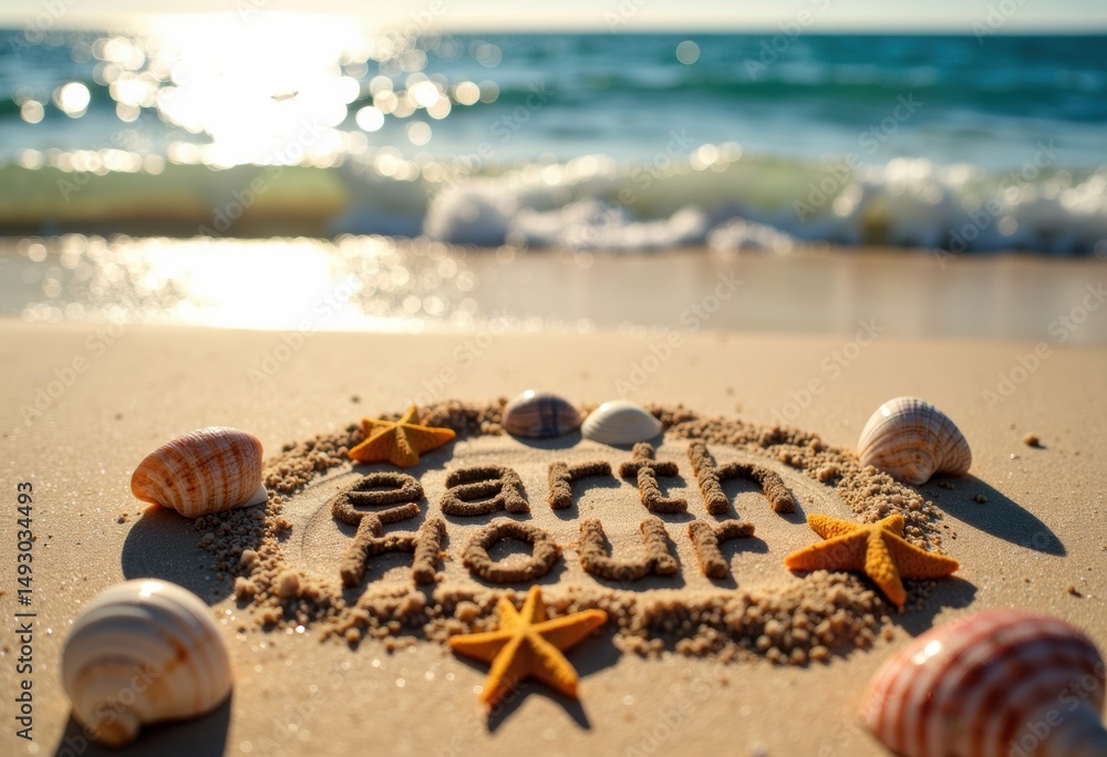 Obraz premium Beach sand with the words beach party spelled out, surrounded by seashells and starfish under bright sunlight