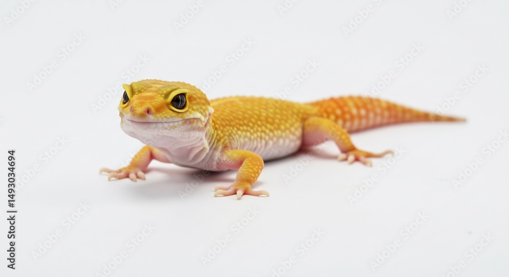 Naklejka premium Vibrant yellow gecko poses brightly lit against white background. AI Generated