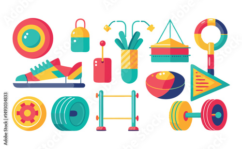 Colorful Collection of Fitness and Sports Equipment Icons