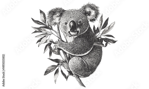 Hand-drawn Koala with Eucalyptus Leaves, Rustic Australian Animal Print, Black Sketch Effect, Vintage Wildlife Design, Old Engraving Style, Nature Wall Decor, trendy wildlife art