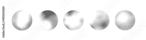 Grain noise dot sphere with gradient spray pattern background vector. Abstract brush round dissolve effect with grainy sand and ink. Sun white black stipple planet fade with halftone shadow ring.