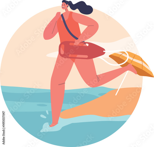 Woman rescuer running with lifebuoy