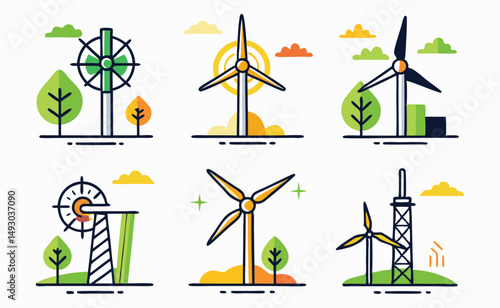 Six Different Types of Wind Turbines in Nature Scenes