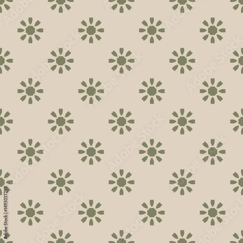 Vector geometric floral seamless pattern. Cute background with flowers, sun shapes. Retro vintage 1960s - 1970s style texture in green and beige color. Old fashioned repeated design for decor, package