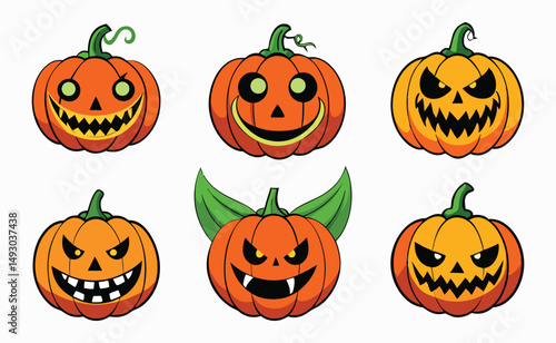 Six Halloween Pumpkins with Various Spooky and Funny Faces
