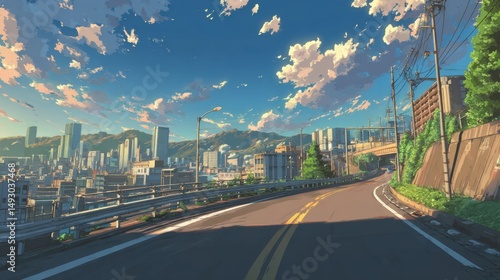 Fototapeta Naklejka Na Ścianę i Meble -  A stunning image of asphalt road and a modern city depicted in anime style.