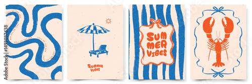 Set of Abstract summer Mediterranean posters, cards templates with lobster, beach chair with umbrella, and typography design. Modern trendy design for branding, ads, print, decor