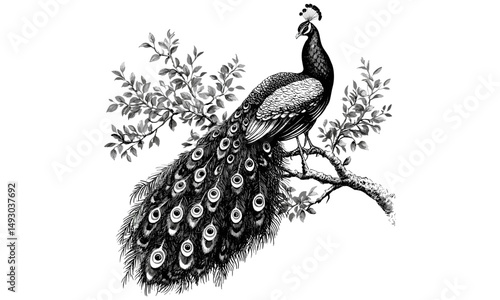 Vintage Animal Illustration, Engraved Bird Design, Hand-drawn Peacock on Tree, Rustic Wildlife Art, Black Sketch Effect, Detailed Tail Feathers, Elegant Nature Print, antique bird drawing