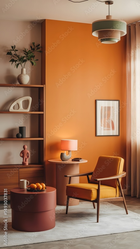 Fototapeta premium Mid century modern living room interior design orange decor