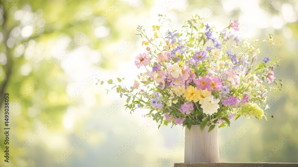 Fototapeta premium Elegant floral arrangement vibrant bouquet in vase on rustic wooden table