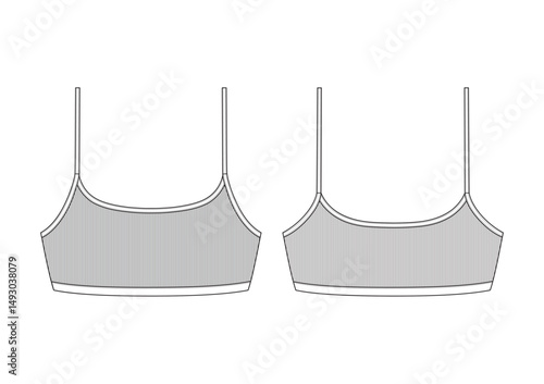 Vector fashion technical drawing of a ribbed bra top with front and back view. Spaghetti straps. Binding on the neck area. Elastic on the opening area. Knit fabric.