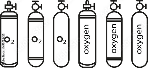O2 gas cylinder icon set vector symbol. compressed oxygen tank icons. scuba diver gas line. Breathing and Industrial Equipment Symbol