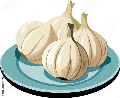Fresh garlic   in  the plate  vector art  illustration  
