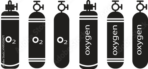 O2 gas cylinder icon set vector symbol. compressed oxygen tank icons. scuba diver gas flat. Breathing and Industrial Equipment Symbol