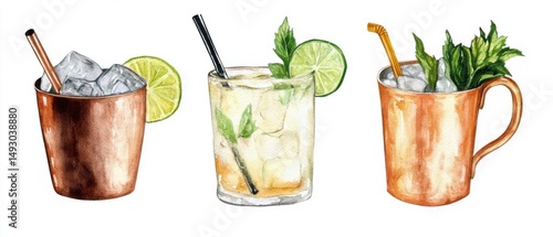 Watercolor Illustration of Three Refreshing Cocktails with Lime and Mint on White Background; Moscow Mule, Mojito, and Mint Julep
