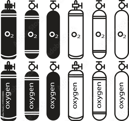 O2 gas cylinder icon set vector symbol. compressed oxygen tank icons. scuba diver gas line and flat. Breathing and Industrial Equipment Symbol