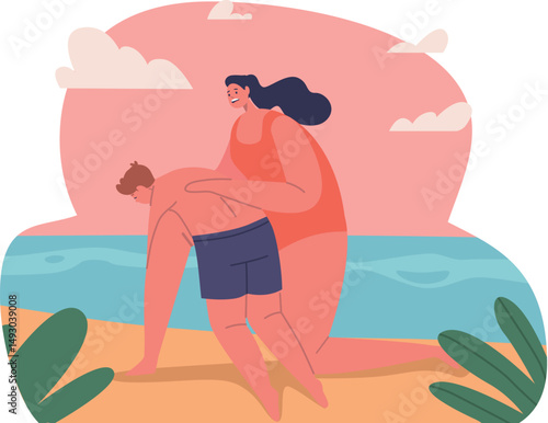Woman saving drowned boy child