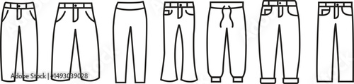 Jeans pants clothing vector icons set. Men's pant Casual Wear. Men trousers technical fashion illustration